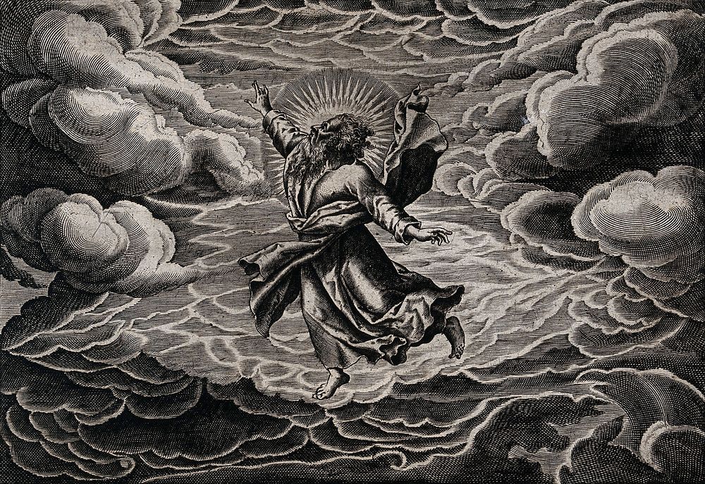 The second day of Creation: God, suspended in the clouds, divides the heavens from the waters. Line engraving by T. de Leu…
