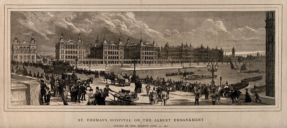 St. Thomas's Hospital, Lambeth: from the north bank of the river Thames, in front of New Scotland Yard, traffic on…