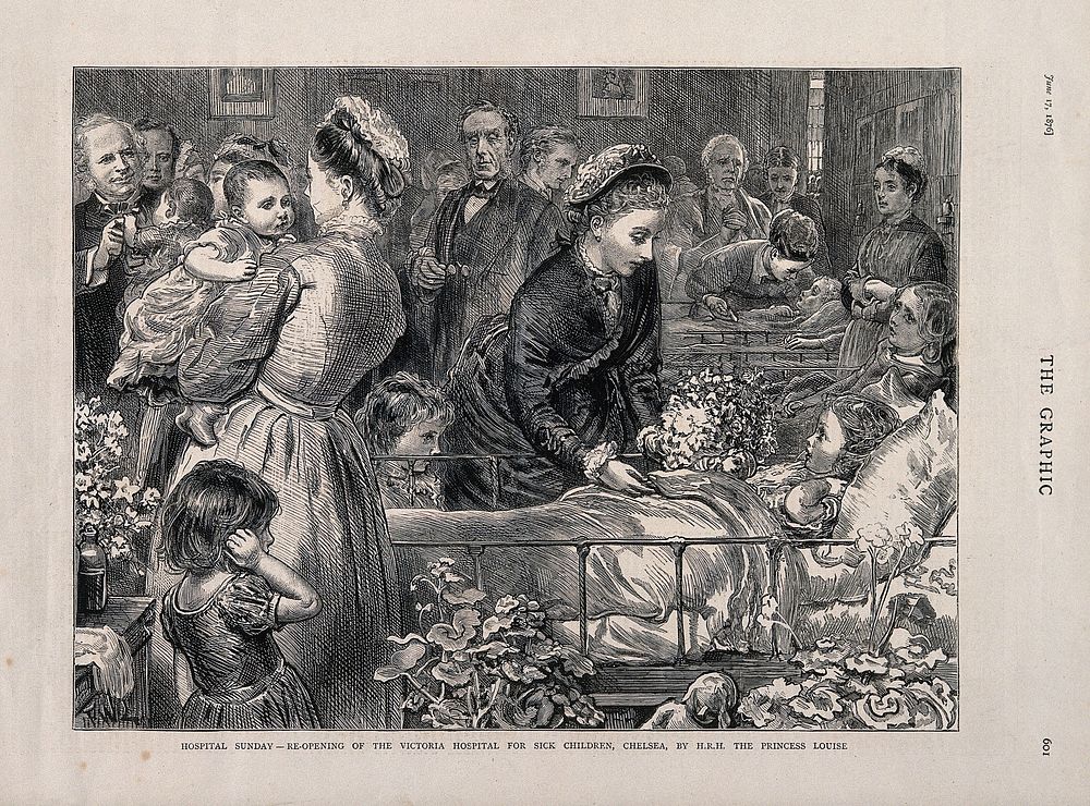 H.R.H. The Princess Louise, with many patients, nurses and doctors in a ward of the Victoria Hospital for Sick Children…
