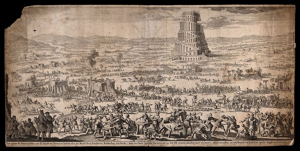 An extremely detailed survey of the activities surrounding the building of the tower of Babel. Engraving, c. 1680.