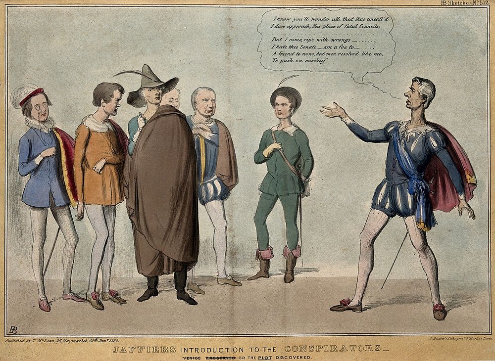 Lord Brougham dressed as Jaffier addresses a group of radical politicians including J.A. Roebuck, Whittle Harvey, Sir…