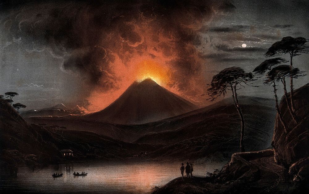A volcano (Mount Etna) erupting at night. Coloured aquatint.