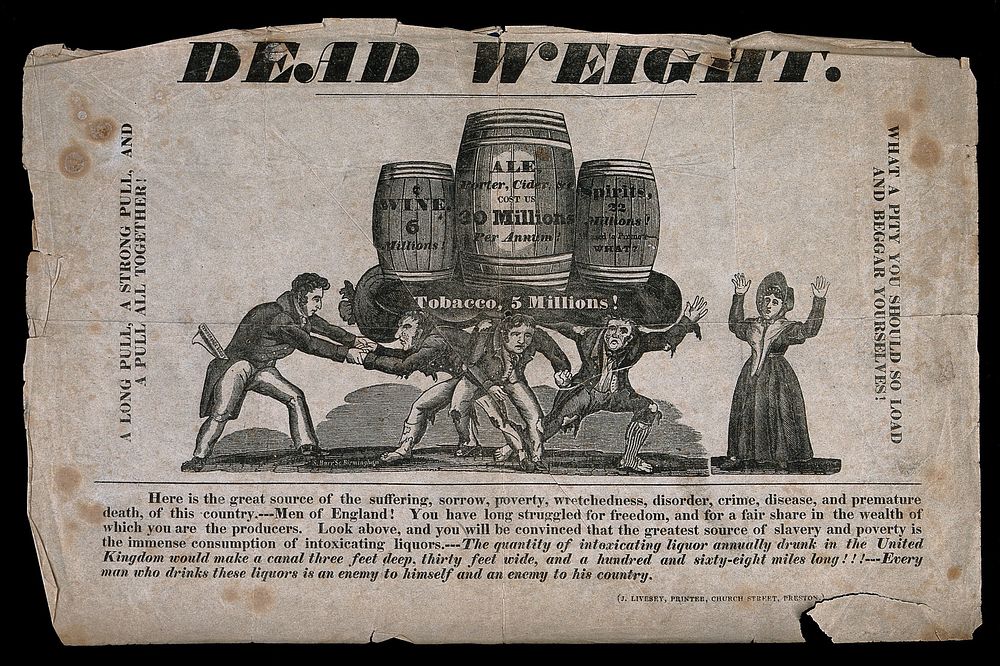 Three poor men burdened with barrels of alcohol, being freed by a man from the Temperance Society, while a woman looks on.…
