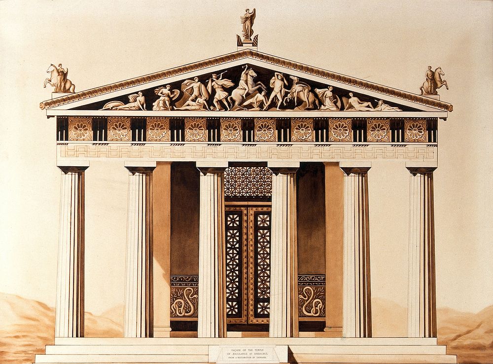 The temple of Aesculapius at Epidaurus: the portico. Watercolour by G.M. Goring, 1911, after A. Defrasse.
