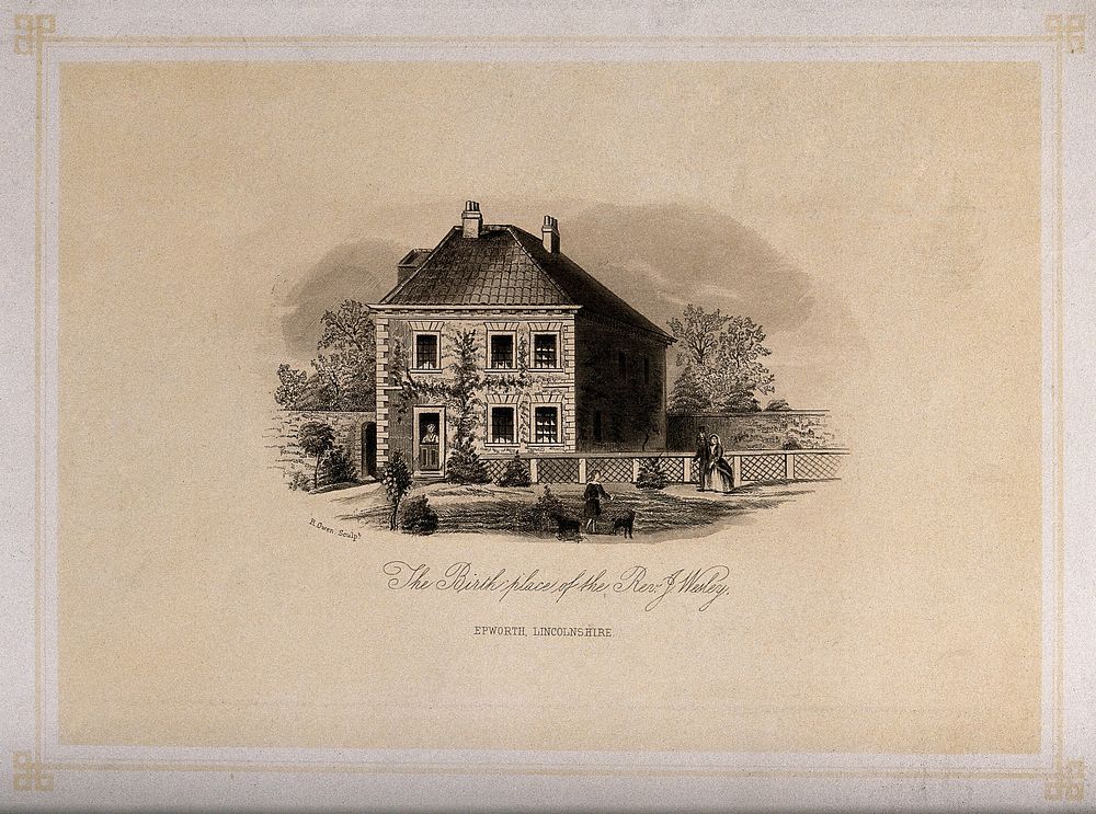 House in Epworth, Lincolnshire, where John Wesley was born. Etching by R. Owen, ca. 1860.