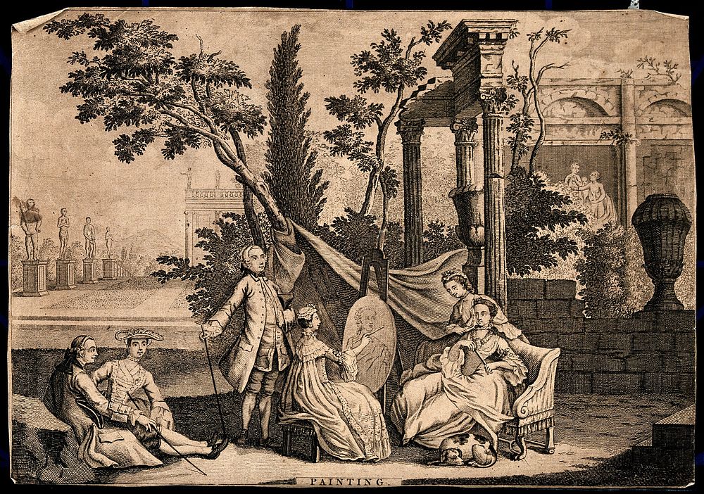 A seated woman painting the portrait of another seated woman watched over by a group of figures in a classical garden.…