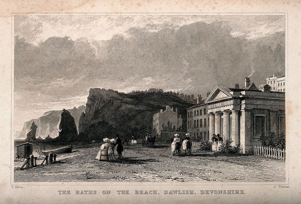The Baths and beach, Dawlise, Devon. Etching by J. Thomas after T. Allom.