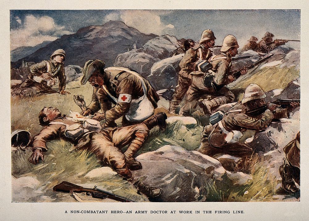 Boer War: army doctor treating a patient in the midst of a firing line. Coloured process print.
