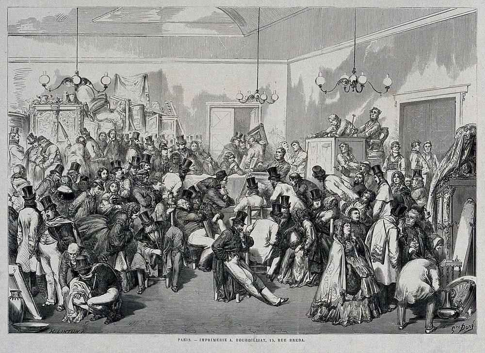People viewing items at an art auction. Wood engraving by H. Linton after G. Doré.