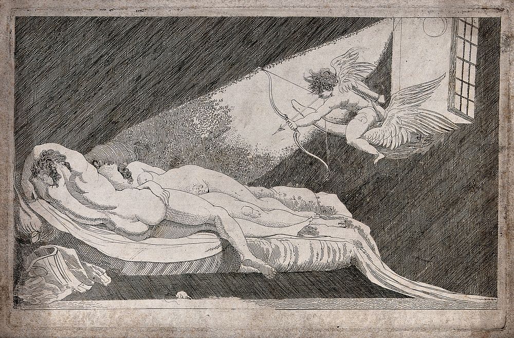 Cupid, armed with a bow and arrow, flies in through the window to a room where two naked lovers lie asleep on a couch.…