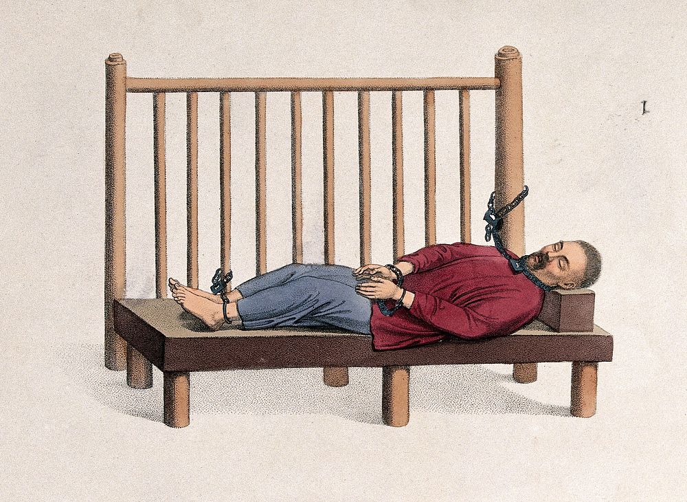 A Chinese man imprisoned with bound hands and feet is reclining on a bench. Coloured stipple print by J. Dadley, 1801.