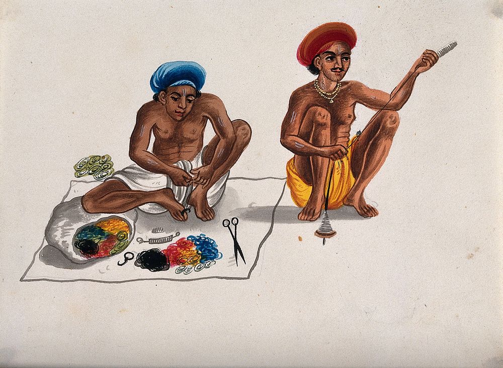 Two men spinning thread using a spindle. Watercolour by an Indian artist.