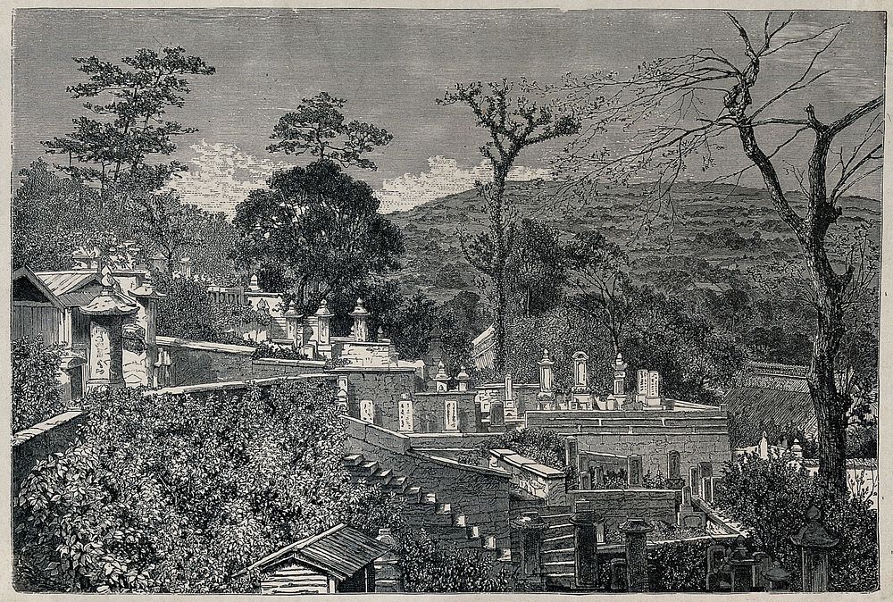 A cemetery in Nagasaki, Japan. Wood engraving, ca. 1860.