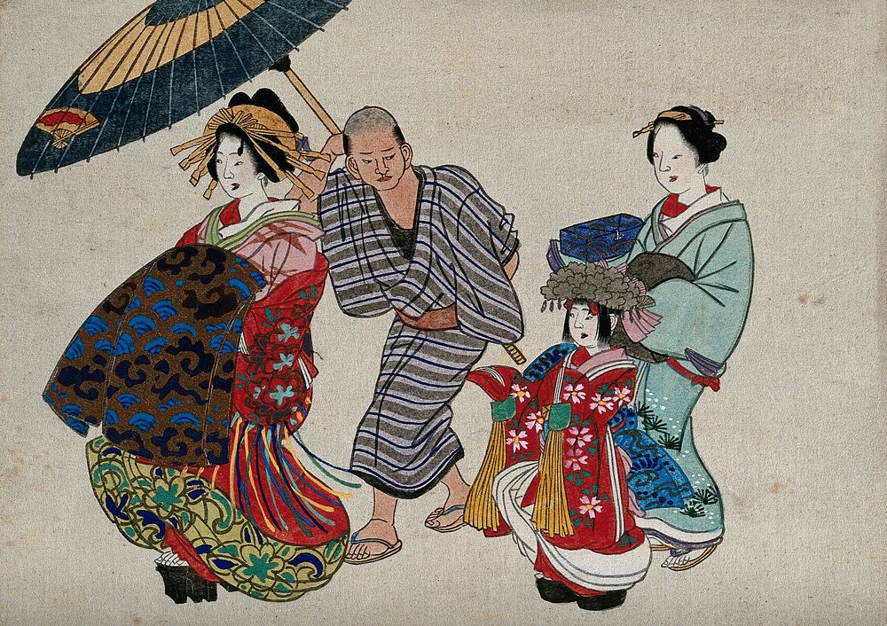 A finely dressed woman is followed by a man holding a parasol, a child and a maid . Colour woodcut, 18--.