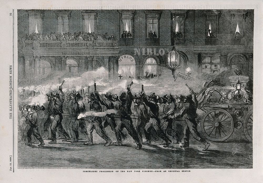 New York City: firemen march through the street carrying torches. Wood engraving.