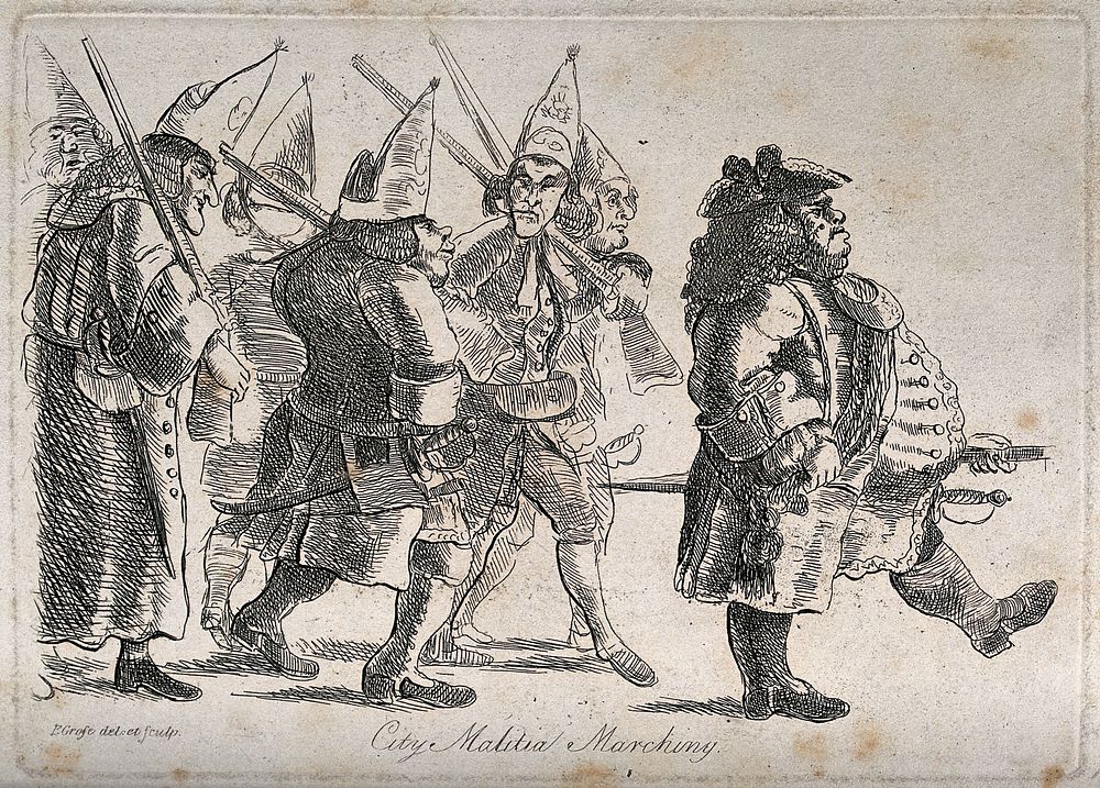 A fat man in uniform and carrying a sword leads a disorderly band of men with rifles. Etching by F. Grose after himself.