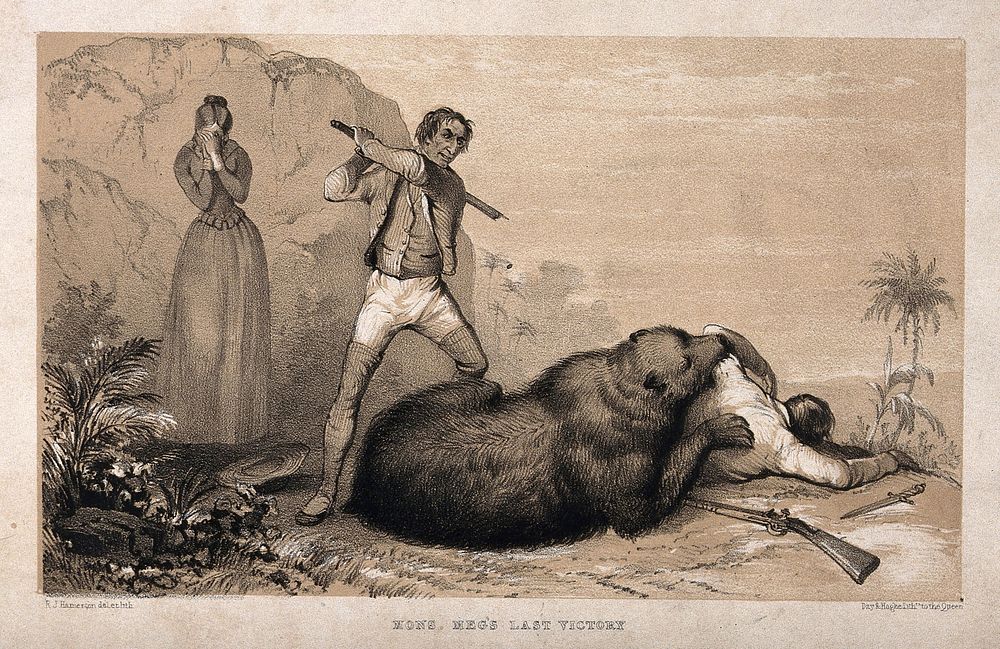 A bear eating a man is about to be killed by a man with a bludgeon while a weeping woman stands in the background. Coloured…