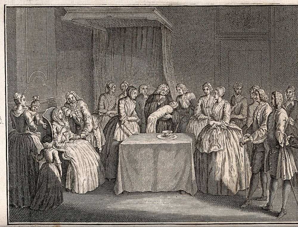 A baby is being baptised at home with the mother and other members of the family. Engraving.