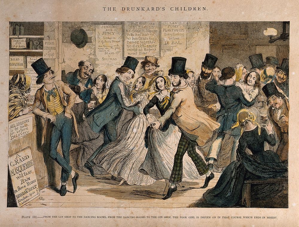A drunken scene in a dancing hall with a sly customer eyeing a girl. Coloured etching by G. Cruikshank, 1848, after himself.