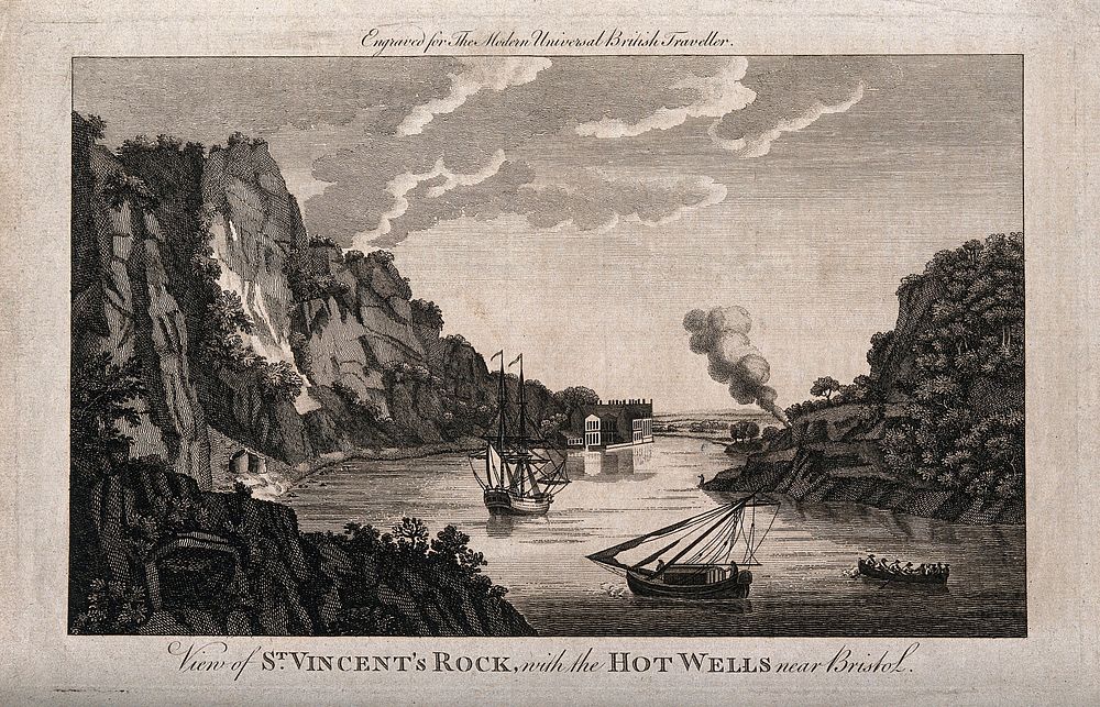 Waterscape scene of St. Vincent's rock and hot wells, near Bristol. Line engraving, 1779.