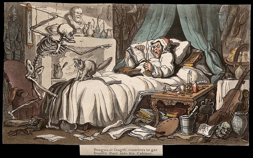 The dance of death: the antiquary's last will & testament. Coloured aquatint after T. Rowlandson, 1816.