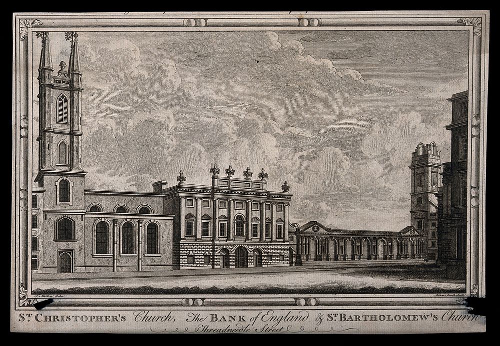 St Christopher's Church, the Bank of England, and St Bartholomew the Great, London: the western entrance, with a woman…