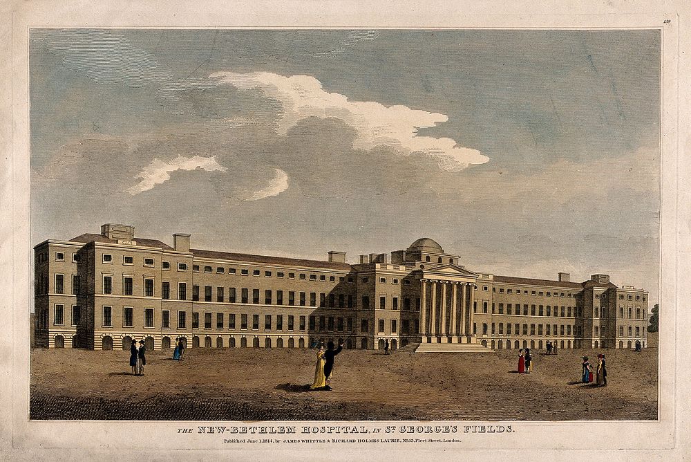 The Hospital of Bethlem [Bedlam], St. George's Fields, Lambeth. Coloured engraving, 1814.