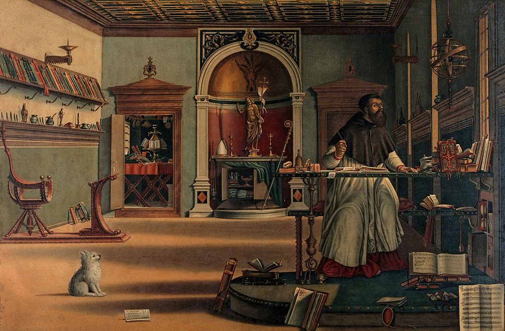 Saint Augustine in his study. Chromolithograph by F. Frick after Desideri after V. Carpaccio.