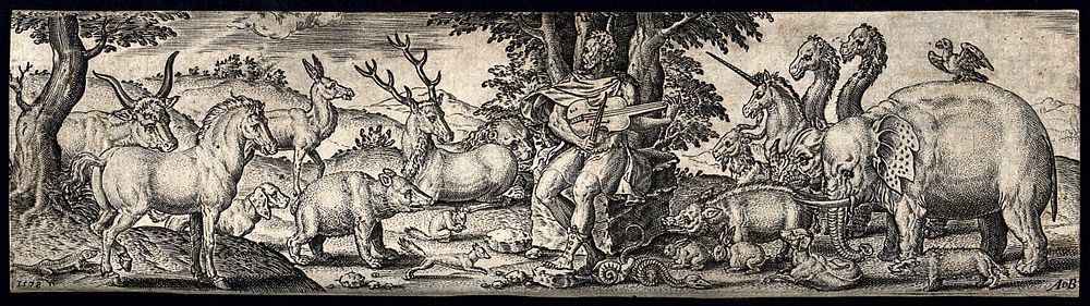 Orpheus sitting on a stone holding a string instrument and charming the animals with music. Engraving by A. de Bruyn.