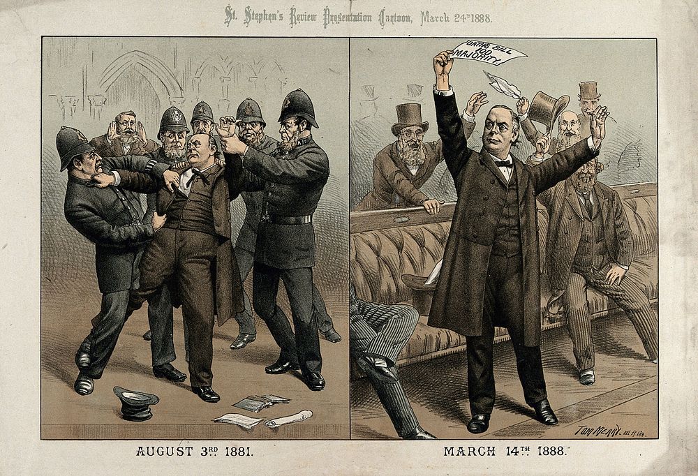 Charles Bradlaugh being arrested by the police in 1881 for refusing to take the oath as a Member of Parliament, and…