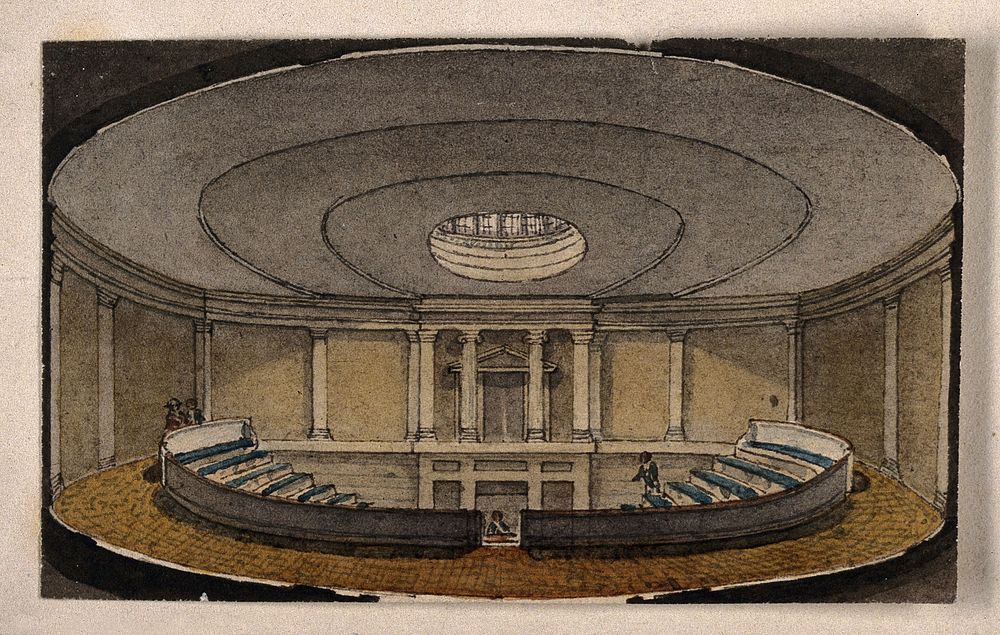 The London Institution, Moorfields: the interior of the lecture theatre. Watercolour by R. B. Schnebbelie, [1820].