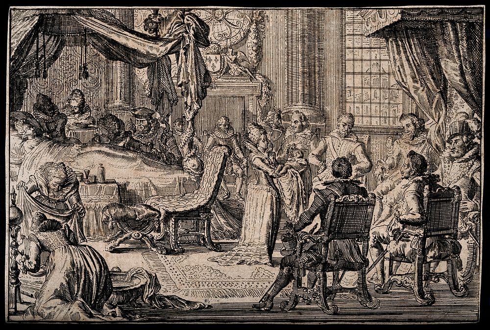 A midwife presenting a new born royal  baby to its father and to the royal court. Etching.