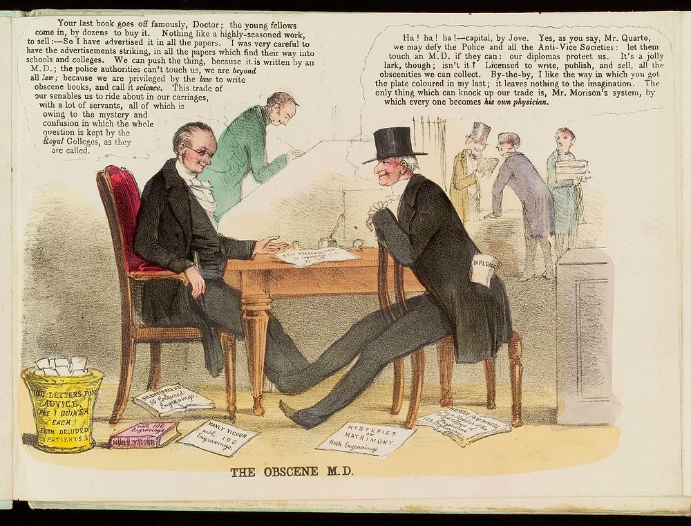 A doctor who writes books of sexual advice talking to his cynical publisher. Coloured lithograph, 1852.