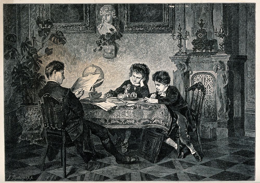 Two young children sit at a table, one is studying, the other watching the tutor who is reading his paper. Wood engraving by…