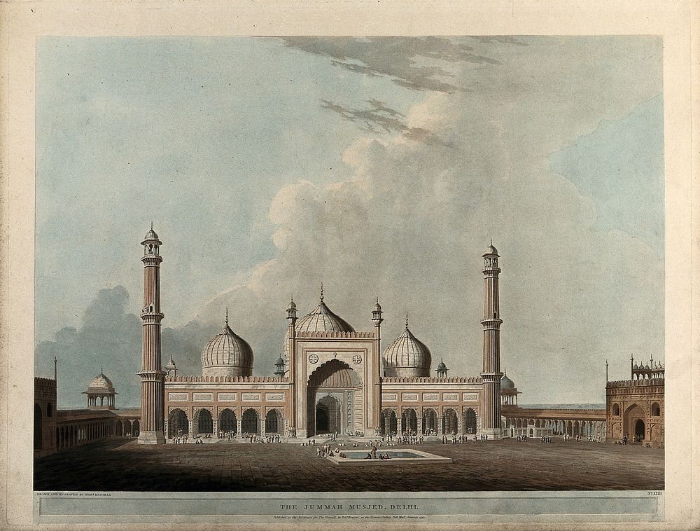 Jami Masjid mosque, Delhi. Coloured aquatint by Thomas Daniell, 1797.