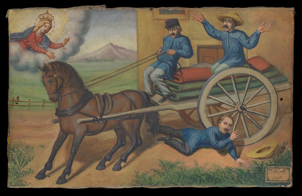 A man praying to the Virgin as he is run over by a horse-drawn cart carrying textiles. Oil painting.