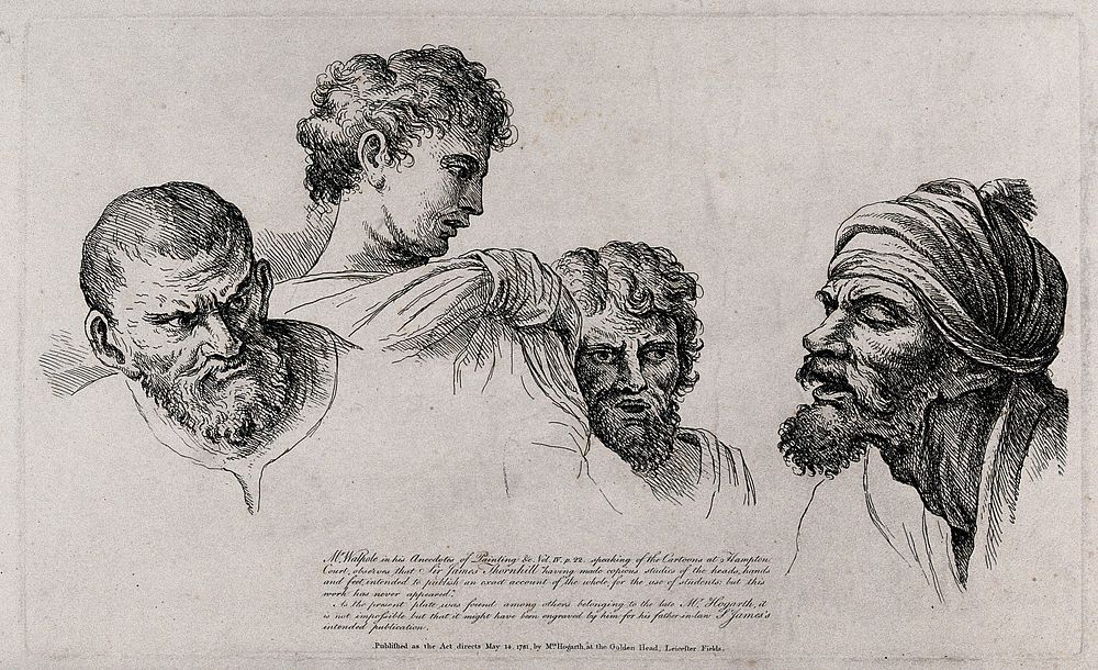 Study of four male heads. Etching by W. Hogarth  after Raphael.