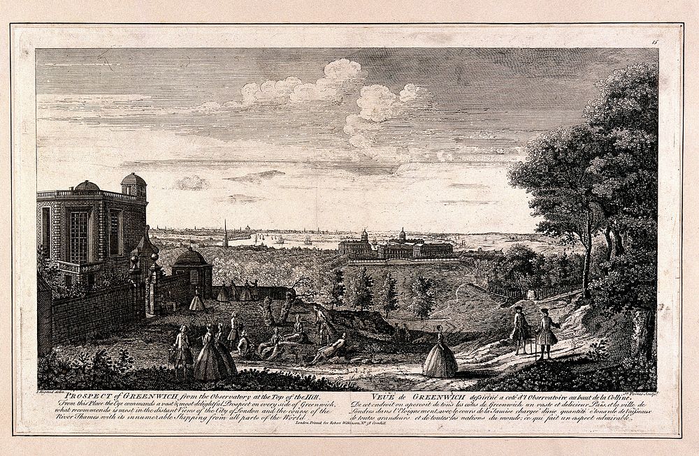 Greenwich, viewed from the Royal Observatory. Engraving by St. Torres after J. Rigaud, 1736.