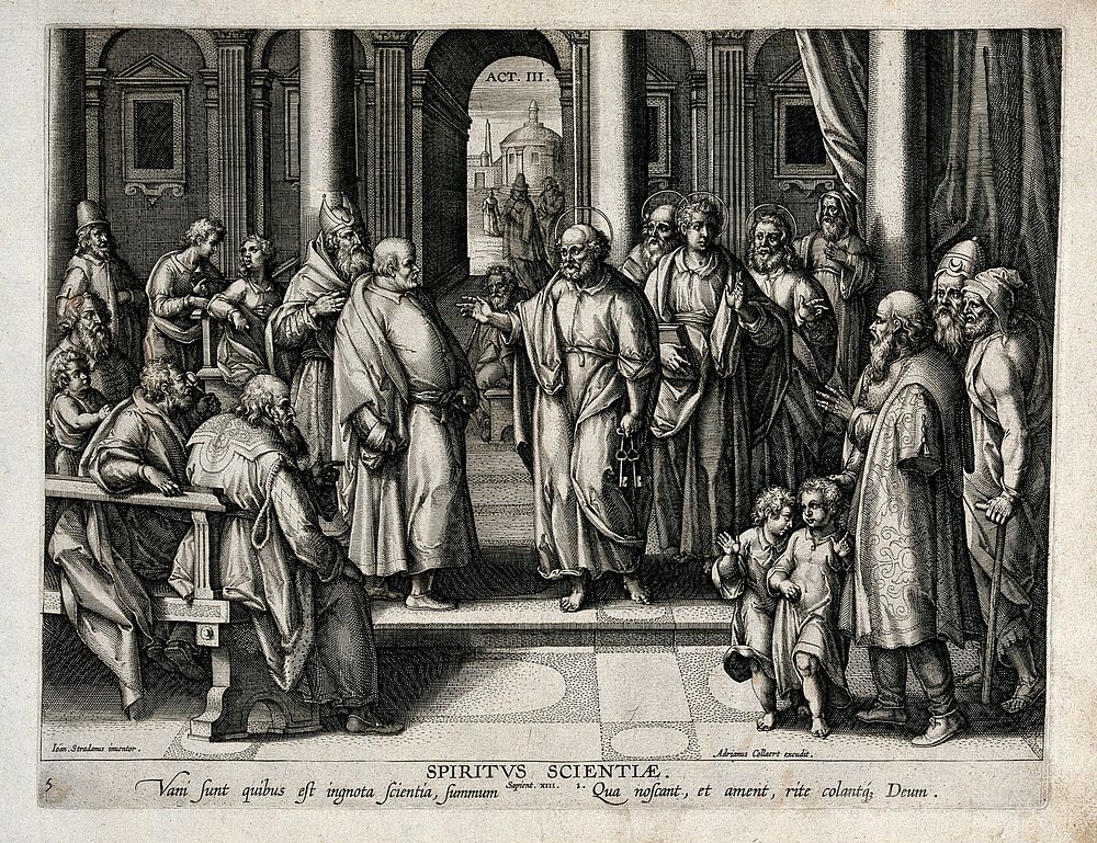 The power of knowledge: Peter and the disciples go to Solomon's arch and preach, having cured a lame man. Engraving by…