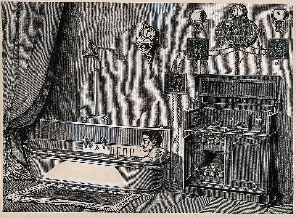 A man in a bath receiving gentle electrical currents as a form of therapy. Photograph after a wood engraving.