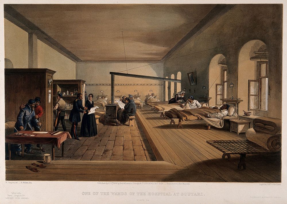 Crimean War: Florence Nightingale at Scutari Hospital. Coloured lithograph by E. Walker, 1856, after W. Simpson.