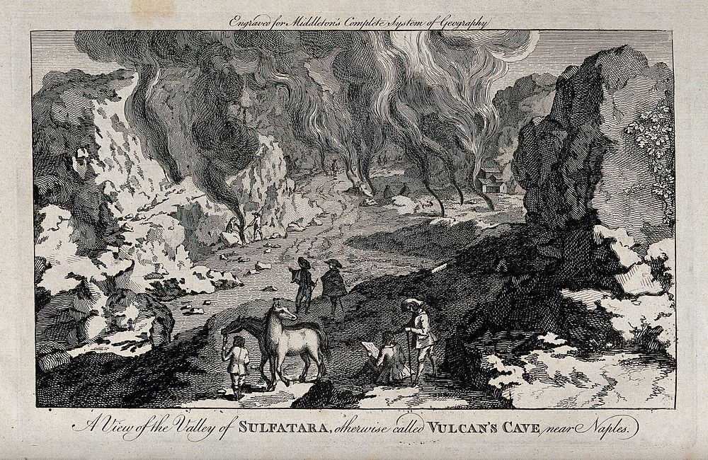 "Vulcan's cave" at the entrance to the Solfatara, near Naples: jets of steam emerging from the rock floor, watched by…