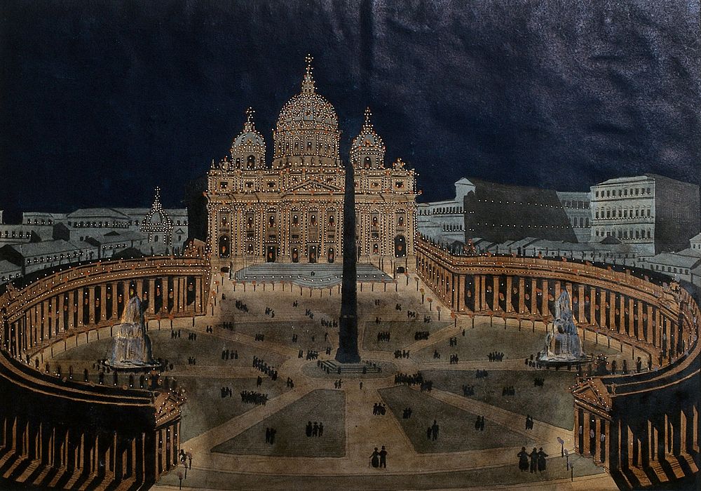 Basilica of Saint Peter, Vatican: the church and the colonnade, lit by lamps at night. Coloured etching.