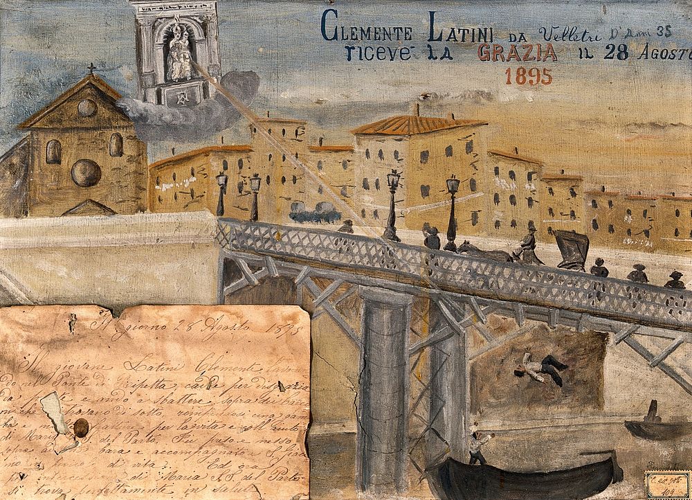 Clemente Latini of Velletri saved by the Madonna del Parto after falling off the Ponte di Ripetta, 1895. Oil painting by an…