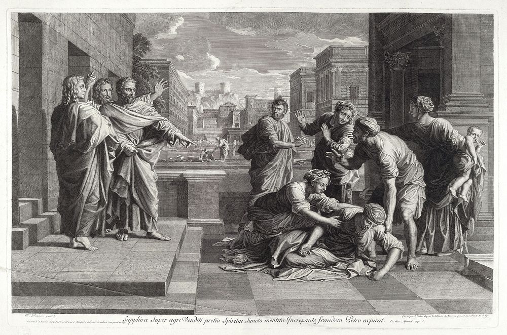 The death of Sapphira. Engraving by J. Pesne, ca. 1703, after N. Poussin.