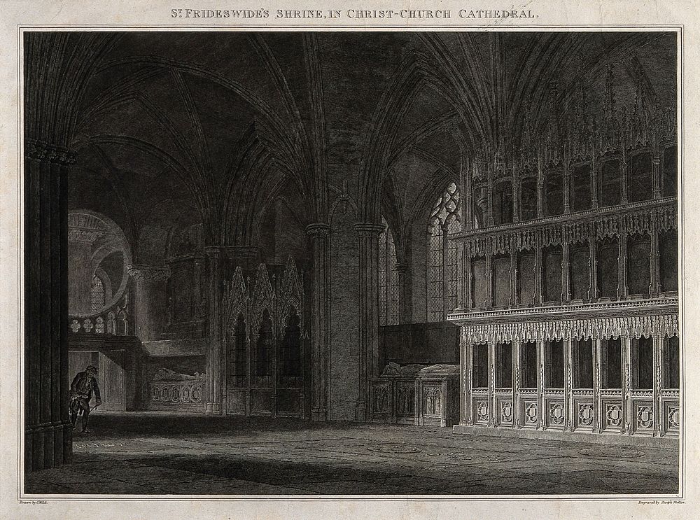 Christ Church Cathedral, Oxford: the shrine believed to be of Saint Frideswide. Engraving by J. Skelton, 1815, after C. Wild.