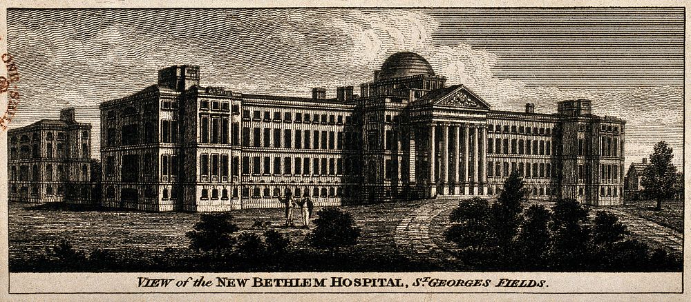 The Hospital of Bethlem [Bedlam], St. George's Fields, Lambeth. Engraving, 1816.