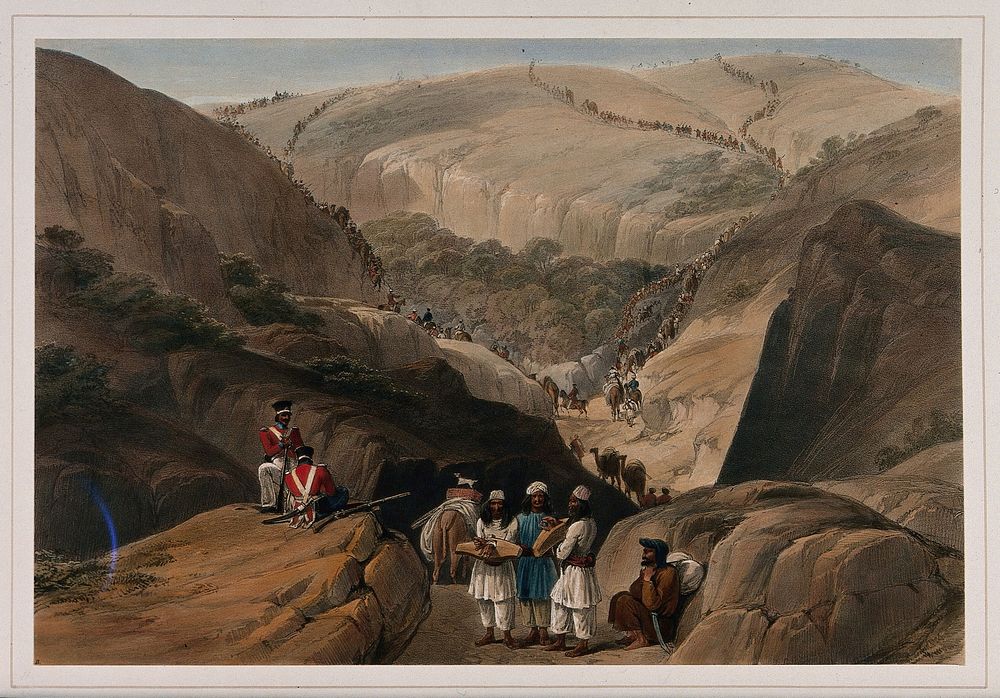 Soldiers leading shackled prisoners through a narrow pass in the mountains. Coloured lithograph.