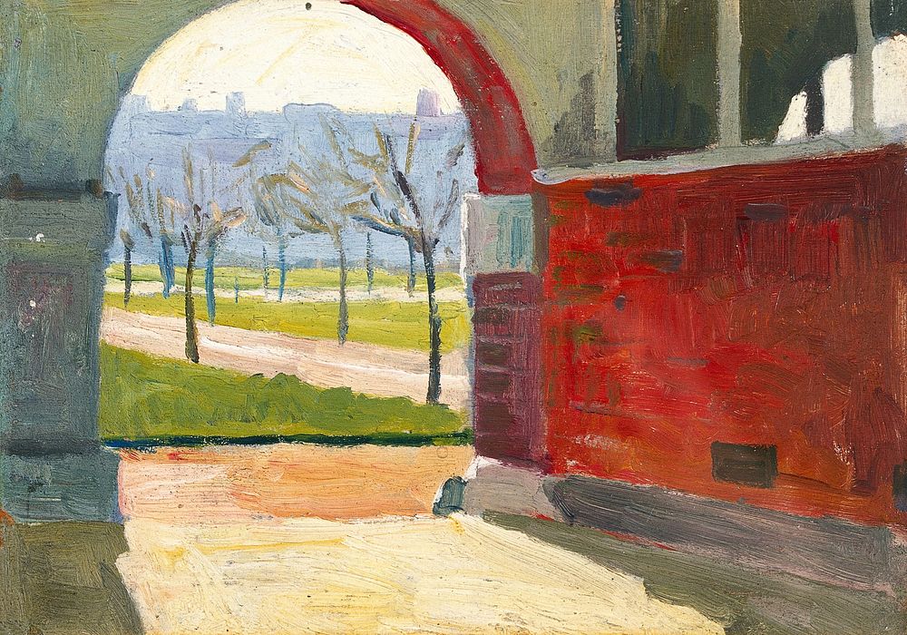 Royal Naval Hospital, Haslar: view through an arch into gardens. Oil painting by Godfrey Jervis Gordon ("Jan Gordon").