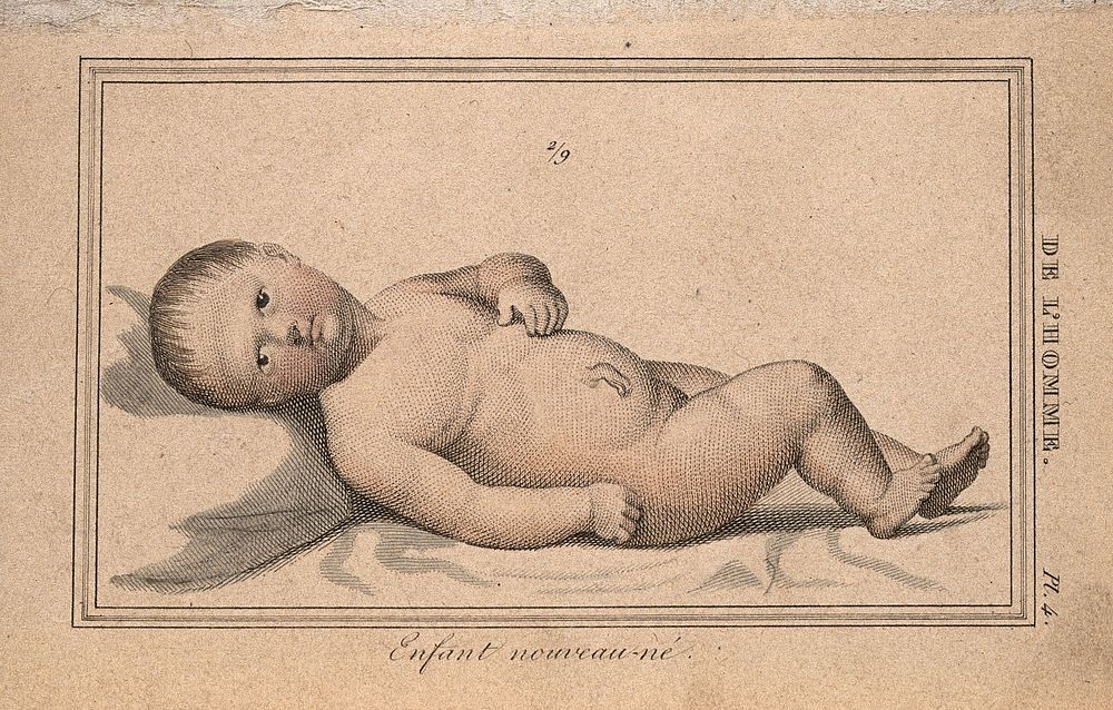 A newborn baby, lying on its back. Etching with watercolour, 1818.